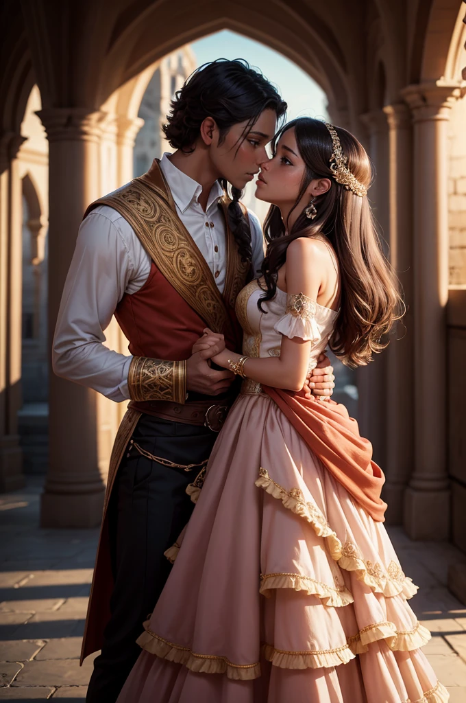 full body, fantasy illustration of a tanned Latina princess with brown eyes, princess in salmon dress, princess wearing salmon colored, princess has brown eyes, prince has hazel-green eyes, prince with hazel-green eyes, princess with black hair, black-haired princess, prince wearing red, prince with light brown hair, ethereal, detailed background, highres, romantic, realism, love, intricate details, magical atmosphere, kissing, romantic couple, fantasy, elegant, royal