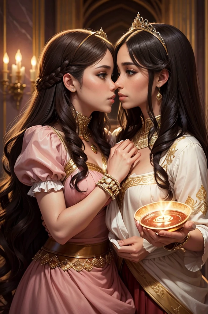 full body, fantasy illustration of a tanned Latina princess with brown eyes, princess in salmon dress, princess wearing salmon colored, princess has brown eyes, prince has hazel-green eyes, prince with hazel-green eyes, princess with black hair, black-haired princess, prince wearing red, prince with light brown hair, ethereal, detailed background, highres, romantic, realism, love, intricate details, magical atmosphere, kissing, romantic couple, fantasy, elegant, royal