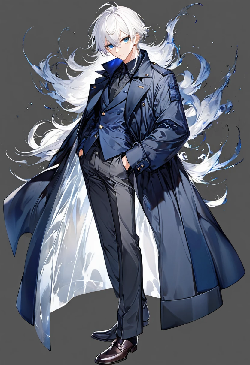 Anime, male, white hair, dark blue coat, dark grey pants, serious, highest quality, good quality face, best quality eyes, transparent, full body pose 