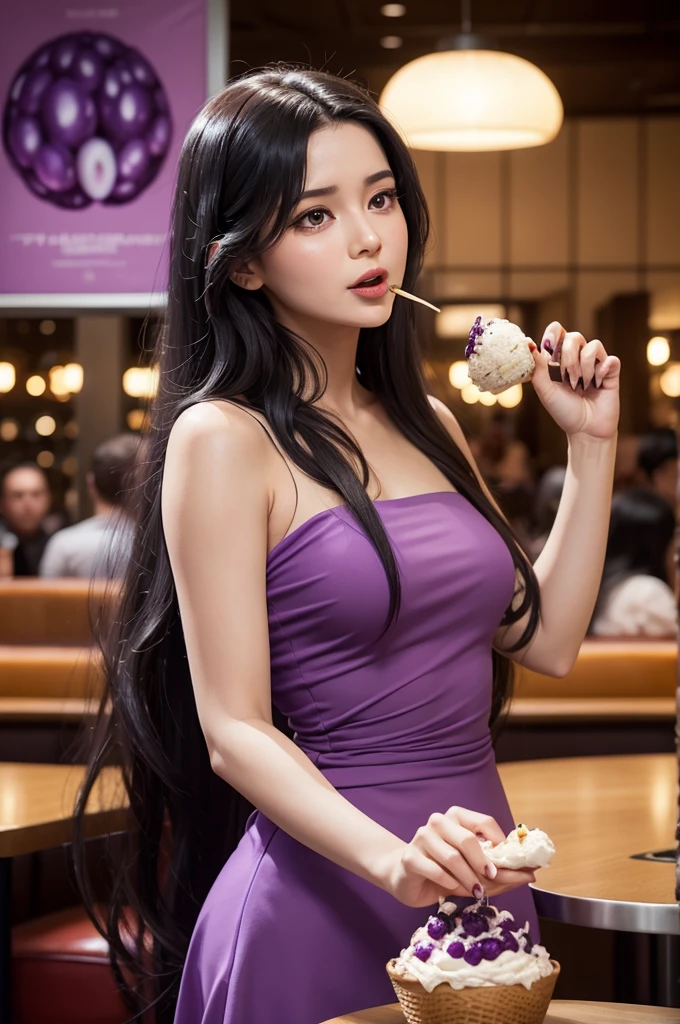 TOP quality,8K, masterpiece, ultra detailed, insanely detailed, sharp, sharpness, (nsfw:0.9), (1girl, laugh:1.2),(purple maxidress), (medium boobs),(sexy, side slit:1.8),(laugh:1.3), (cafe, bokeh:1.3),