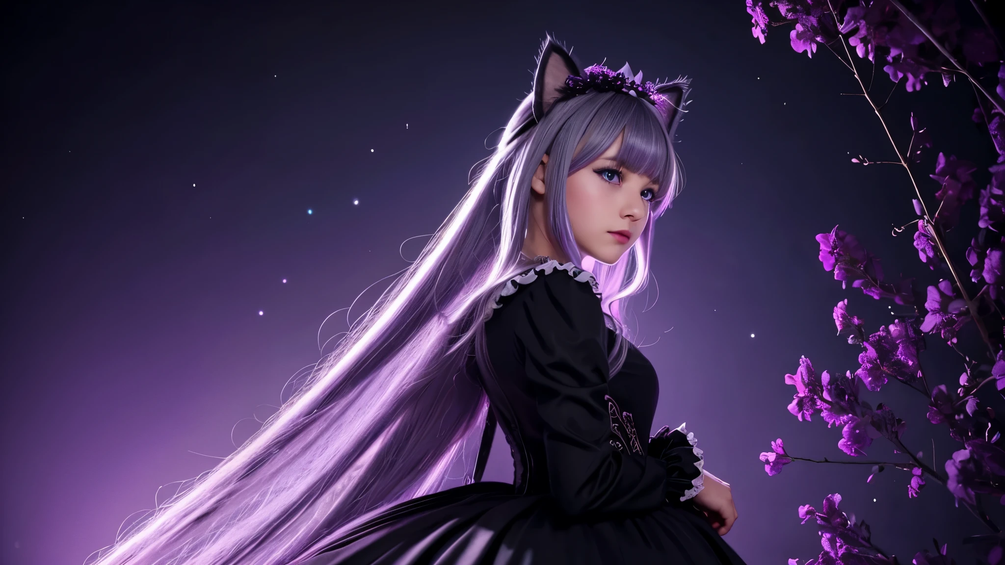 The work of a hyperrealist artist, Her details are lovingly painted,1 female, mature beautiful woman,alone, ウェーブのかかった長いgray hair, gray hair, bangs,fluffy hair,white cat ears,Odd-eyed purple and pink eyes, long eyelashes, thick eyelashes, closed mouth,Gothic ****ta fashion based on noble black、gothic dress,gorgeous dress, (long sleeve:1.2),Delicate lace and ribbon、elegant decoration、A black bonnet and a purple rose on my head,whole body,particles of light, soft lighting, volume lighting, intricate details, finely, dramatic, cinematic, highest quality, masterpiece, looking at the viewer, The background is a purple bright wallpaper with a moon, Abundant light,rays of moonlight,from behind,
