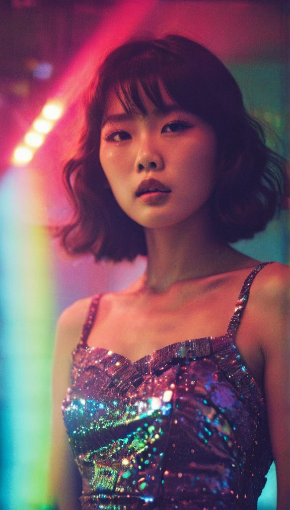 fashion photoshoot, shot by Ellen Von Unwerth, lomography, starburst filter, grainy film, torso shot of a stunning Korean woman with a flirty expression with fabulous makeup, gliterring mini dress, light leaks, colorful lights, psychedelic, a hologram, holography, monotones, blown out, high quality, 4k, 8k, masterpiece, two tone cinematic lighting