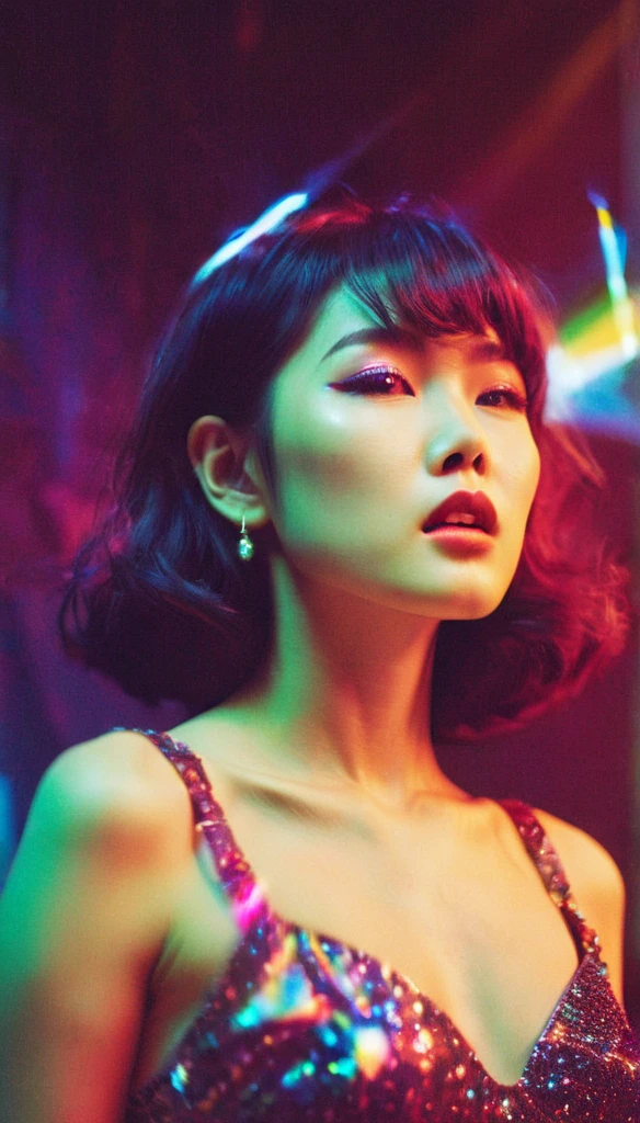 fashion photoshoot, shot by Ellen Von Unwerth, lomography, starburst filter, grainy film, torso shot of a stunning Korean woman with a flirty expression with fabulous makeup, gliterring mini dress, light leaks, colorful lights, psychedelic, a hologram, holography, monotones, blown out, high quality, 4k, 8k, masterpiece, two tone cinematic lighting