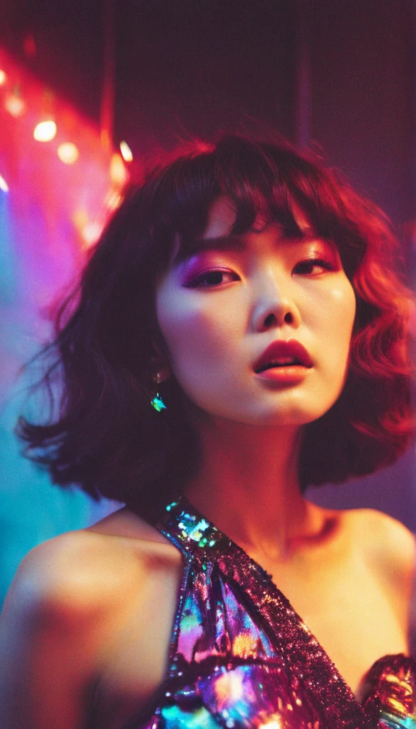 fashion photoshoot, shot by Ellen Von Unwerth, lomography, starburst filter, grainy film, torso shot of a stunning Korean woman with a flirty expression with fabulous makeup, gliterring mini dress, light leaks, colorful lights, psychedelic, a hologram, holography, monotones, blown out, high quality, 4k, 8k, masterpiece, two tone cinematic lighting