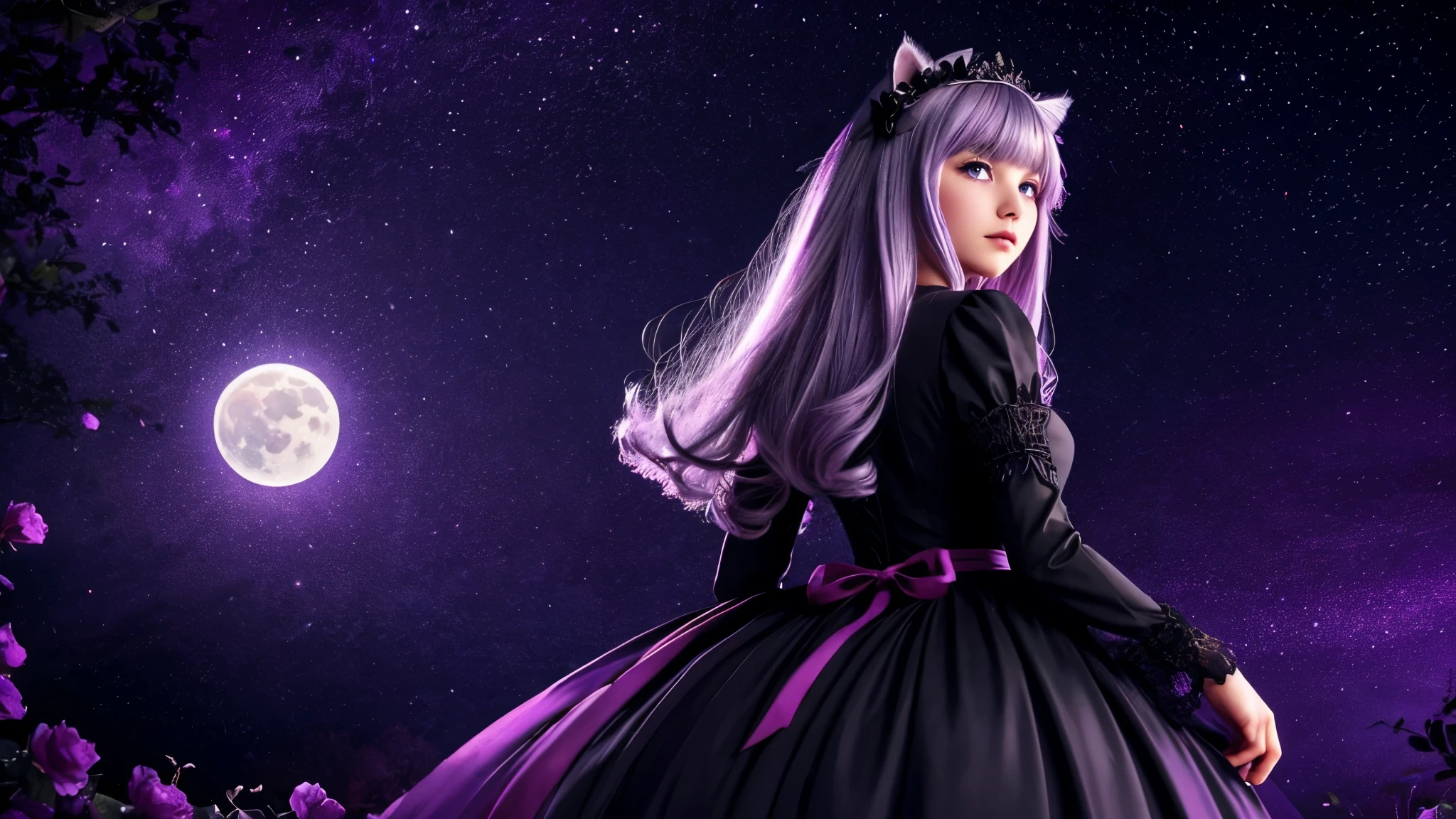 The work of a hyperrealist artist, Her details are lovingly painted,1 female, mature beautiful woman,alone, ウェーブのかかった長いgray hair, gray hair, bangs,fluffy hair,white cat ears,Odd-eyed purple and pink eyes, long eyelashes, thick eyelashes, closed mouth,Gothic ****ta fashion based on noble black、gothic dress,gorgeous dress, (long sleeve:1.2),Delicate lace and ribbon、elegant decoration、A black bonnet and a purple rose on my head,whole body,particles of light, soft lighting, volume lighting, intricate details, finely, dramatic, cinematic, highest quality, masterpiece, looking at the viewer, The background is a purple bright wallpaper with a moon, Abundant light,rays of moonlight,from behind,
