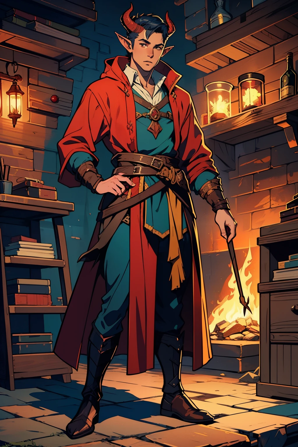 masterpiece, 1man, extremely detailed character, full body shot, best quality, dnd, dungeons and dragons, (Tiefling), (Artificer), red colored skin, horns, pointy ears, medieval era, fantasy clothes, magic tool, anime style, (medieval tinkerer outfit)