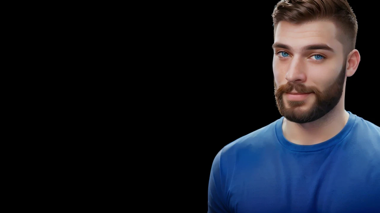 brutal man with a beard in a blue T-shirt looks at the camera, ultra realistic portrait, bearded man smiles a little and looks at the camera, blue t-shirt, beautiful hair, Neatly styled hair, men&#39;s stylish hairstyle