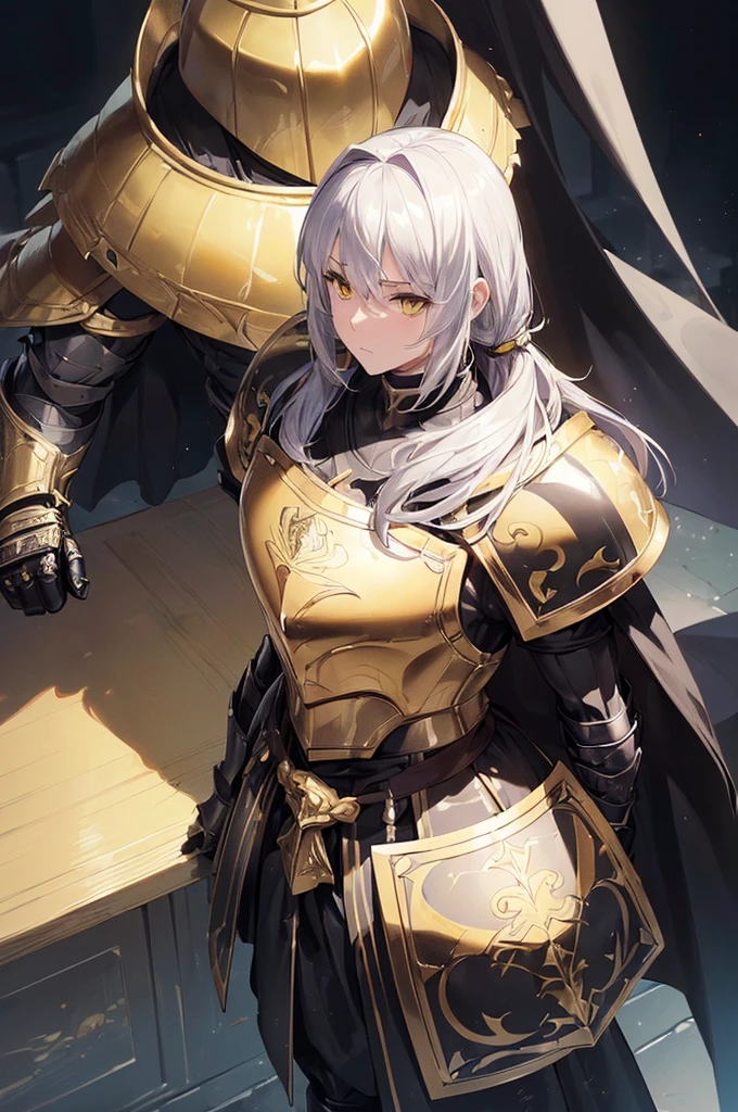 (masterpiece; best quality: 1.2), (finely detailed eyes: 1.3), ((full armored knight man)), ((solo)), (yellow eyes: 1.4), (body; muscular, lean, masculine: 1.3), (beautiful and clear background: 1.2), ((depth of field)), (equipment: full plate black medieval armor + closed helmet with white ponytail + long black cape: 1.3), (anime illustration: 1.2), (background composition; fantasy castle corridor + furniture: 1.1), (extremely fine and handsome: 1.1), (shot composition; standing + centered on torso + close-up: 1.5), (expression; calm, stoic: 1.2)