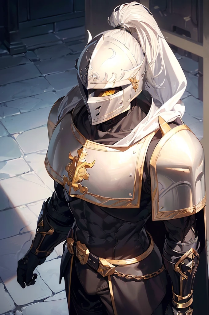 (masterpiece; best quality: 1.2), (finely detailed eyes: 1.3), ((full armored knight man)), ((solo)), (yellow eyes: 1.4), (body; muscular, lean, masculine: 1.3), (beautiful and clear background: 1.2), ((depth of field)), (equipment: full plate black medieval armor + closed helmet with white ponytail + long black cape: 1.3), (anime illustration: 1.2), (background composition; fantasy castle corridor + furniture: 1.1), (extremely fine and handsome: 1.1), (shot composition; standing + centered on torso + close-up: 1.5), (expression; calm, stoic: 1.2)