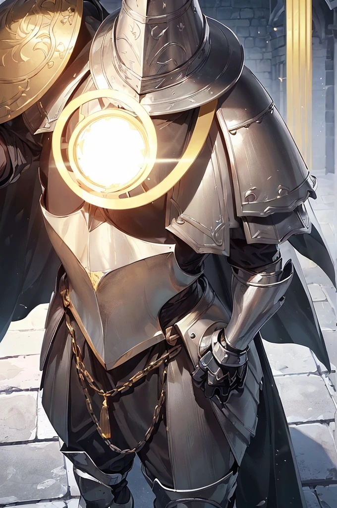 (masterpiece; best quality: 1.2), (finely detailed eyes: 1.3), ((full armored knight man)), ((solo)), (yellow eyes: 1.4), (body; muscular, lean, masculine: 1.3), (beautiful and clear background: 1.2), ((depth of field)), (equipment: full plate black medieval armor + closed helmet with white ponytail + long black cape: 1.3), (anime illustration: 1.2), (background composition; fantasy castle corridor + furniture: 1.1), (extremely fine and handsome: 1.1), (shot composition; standing + centered on torso + close-up: 1.5), (expression; calm, stoic: 1.2)