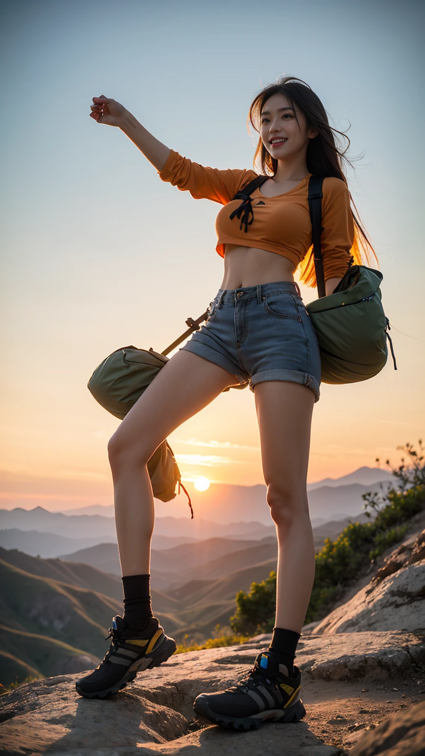 NSFW, ray tracing, radio city, Anisotropic filtering, 16,000, best quality, 1 girl, alone, mature, beautiful climber, short pants hiking clothes, gradient long hair, mountaineering equipment、laugh、orange sunset、big bust、valley