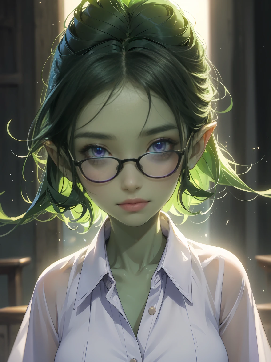 ((best quality)), ((masterpiece)), (detailed), perfect face, beauty headshot of a 3 foot tall girl wearing white button down shirt, green skin, pointy ears, very shy, wearing black rimmed glasses, short dark green hair, dynamic lighting, purple eyes, detailed eyes, focus on eyes, beautiful, glamourous
