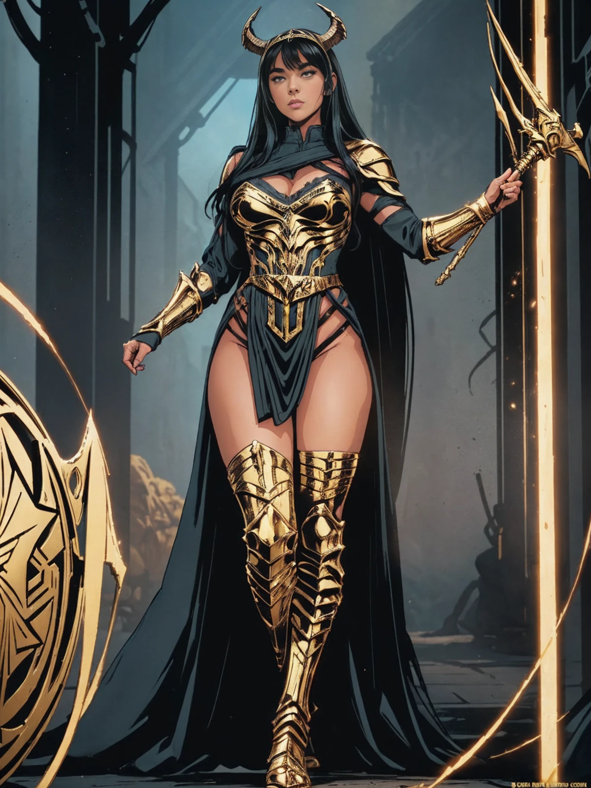 ((Full body photo,standing, feet on the ground)) Alison Tyler as a Valkyrie of Asgard, Yara_flor DC, A black-haired warrior girl with yellow eyes wearing black and gold Yara Flor armor