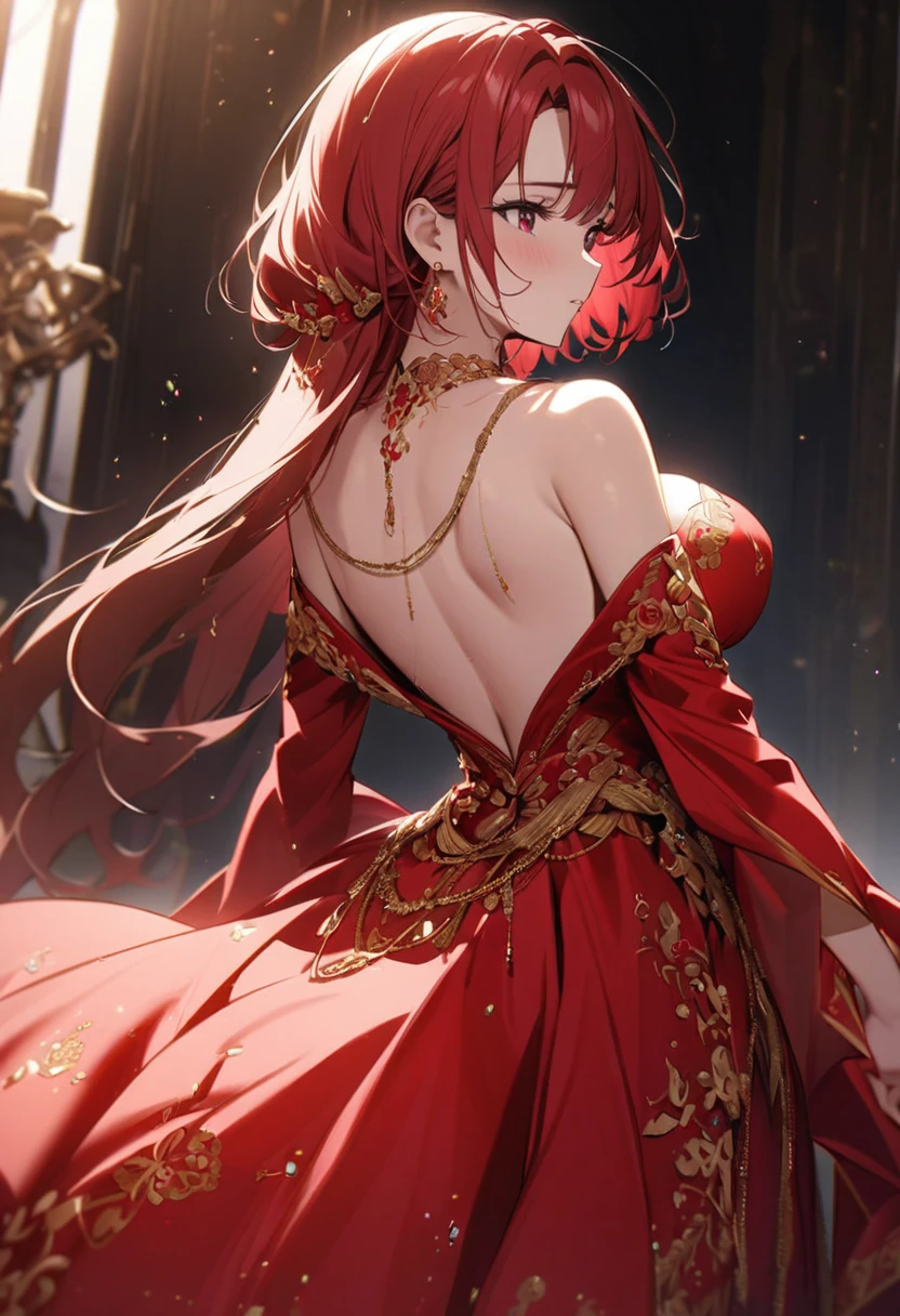 her off-the-shoulder red dress with a low neckline on her breasts and decorated with gold and ruby jewels and open at the back and marked at the waist with a gold chain inlaid with ruby and fluffy embroidery with a soft, flat falling bottom of her dress
