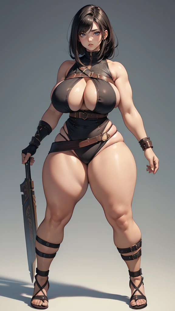 (masterpiece), best quality, female warrior, huge girl, female muscular:1.2, (curvy), ((thick thighs:1.5)), (((blank background))), ((full body)), fingerless gloves, sandals, sleeveless, covered nipples, (underboobs:1.3), thin hair, straight hair, black hair