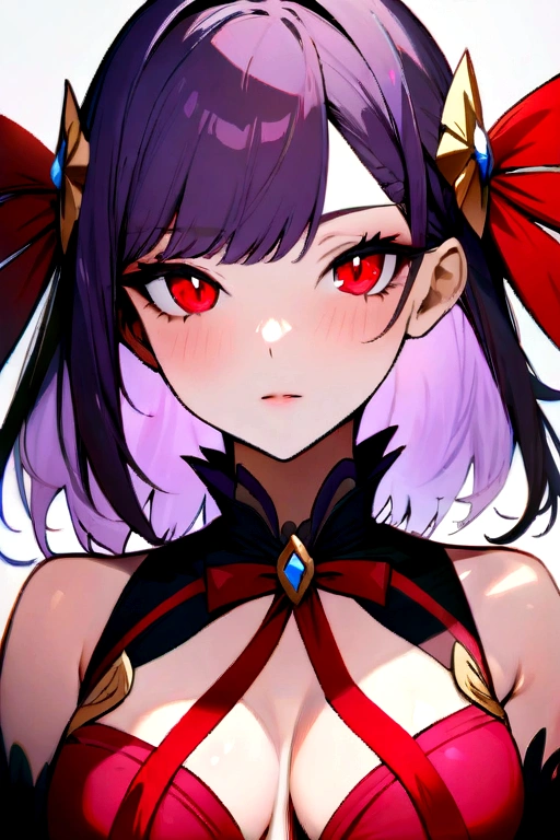 (masterpiece, best quality, ultra-detailed), KaganoAI, purple hair, red eyes, magical girl, red ribbon, cleavage, medium breasts, portrait shot