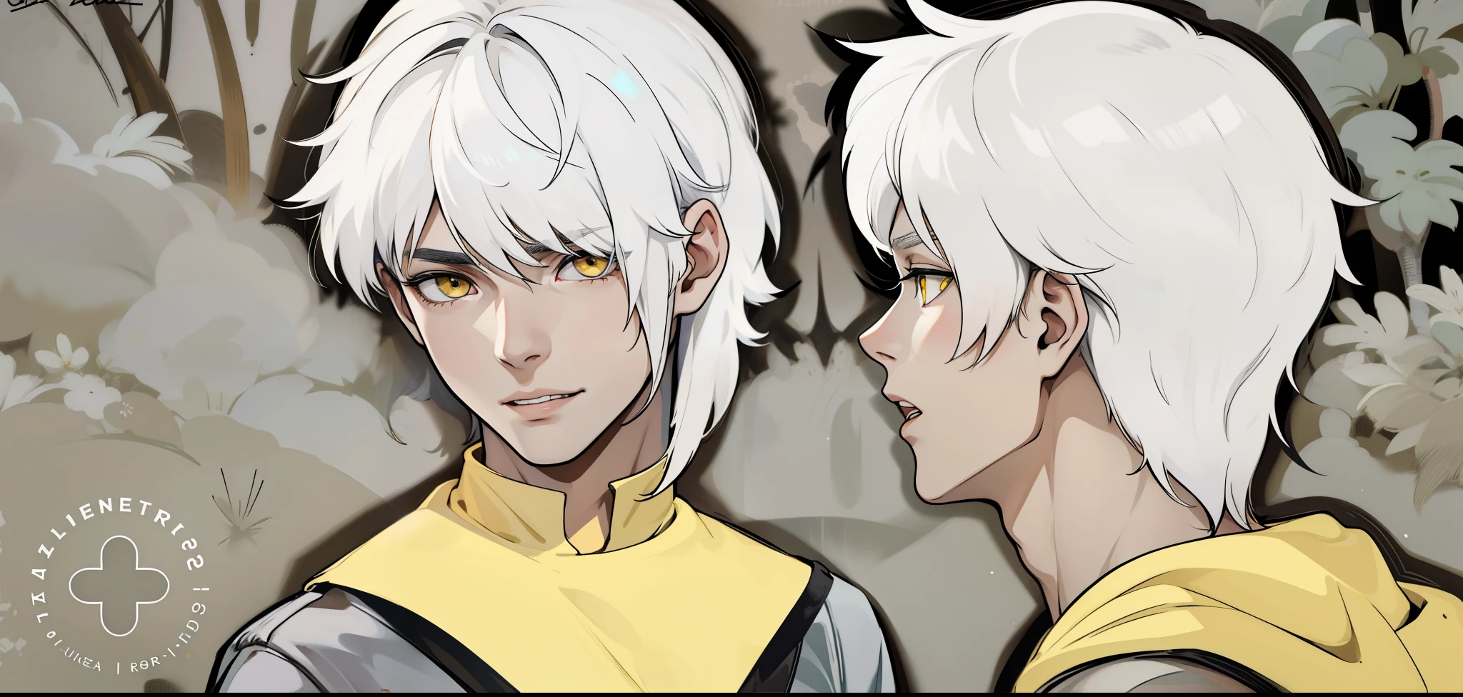 He is with his mouth open talking to someone white hair yellow eyes 18 years old black clothes
