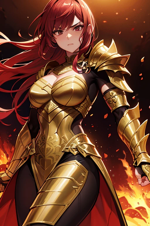 female greek-spartan warrior, long red hairs, blue eyes, heroic, battle scars, highly detailed portrait, comic, intricate armor, fierce expression, battle-ready pose, dramatic lighting, deep red and gold color palette, volumetric fog, dark fantasy style, in flames, burning, spear, shield