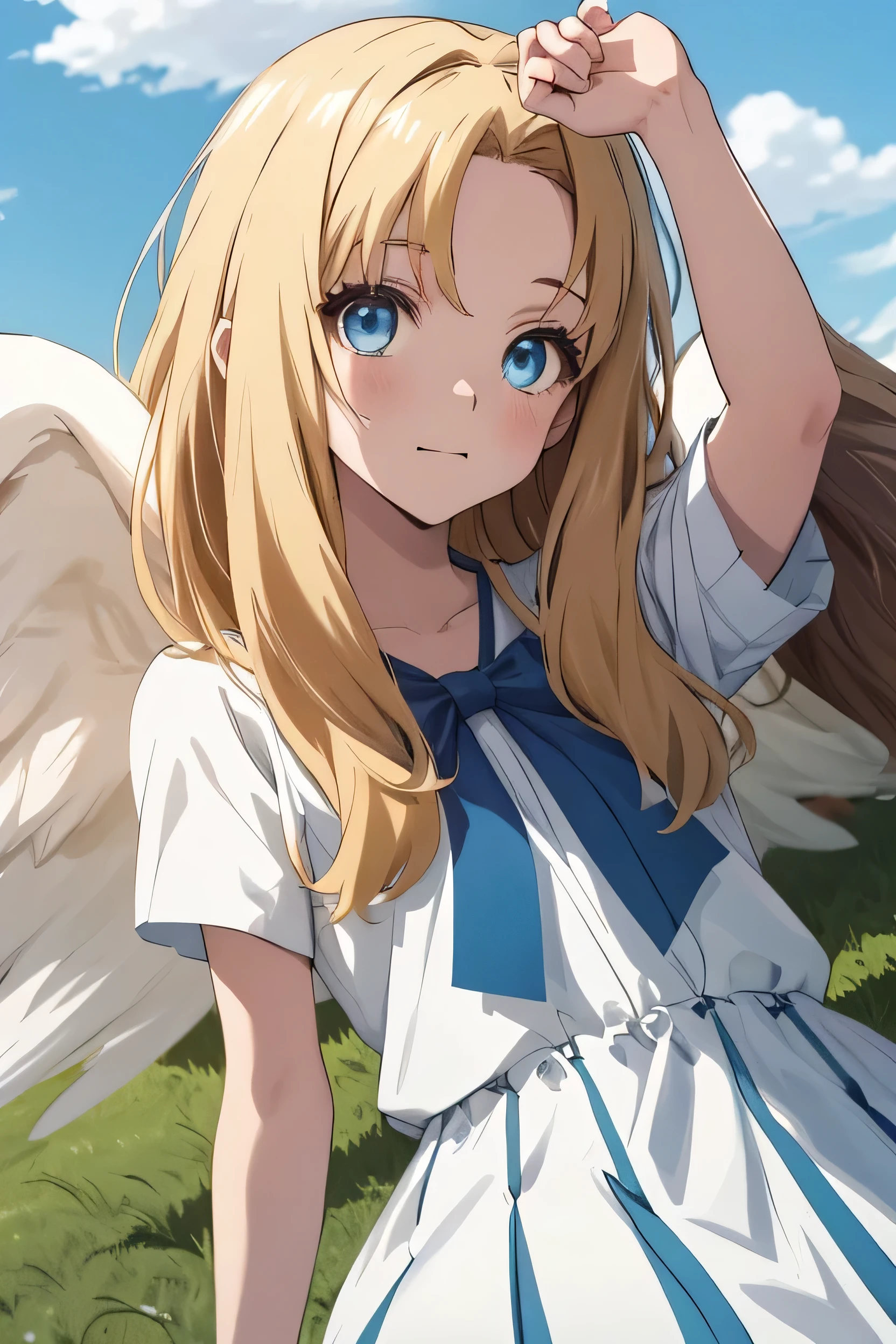 Anime style girl, Upper Body, One girl, alone, Outdoor, Day, cloud, blue sky, Happy, White Wings, Height Dress, Blue ribbon, Long Hair, blue eyes, View your viewers, Parted bangs, Put your arms behind your back, Highest quality, High resolution. (Beautiful details:1.6), Highly detailed face, Perfect lighting, Extremely detailed CG, (Perfect hands, Perfect Anatomy), chestnut mouth, Lying down, On the ground, Looking at the viewer, look up, Close-up, Town, sunny, 
