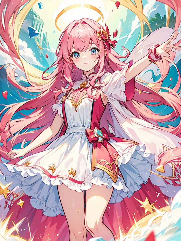 fantasy world girl with colorful hair, accessories, detailed clothes, pink hair, white and red clothes, short dress
