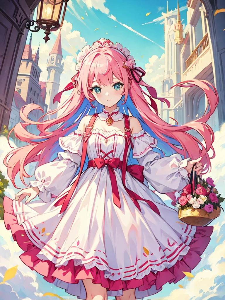 fantasy world girl with colorful hair, accessories, detailed clothes, pink hair, white and red clothes, short dress