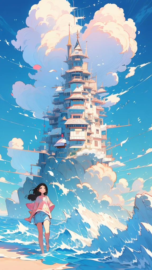 Manga style illustration, Digital anime illustration, In the art style of Bouwater, In the style of digital illustration, Illustration Style, Beautiful illustrations, Cute and detailed digital art, Beautiful digital illustrations, Great art style, Trending on artstration, Professional Illustration, Cute digital art, Reproduction illustrations, Beautiful drawing style,Walking around the city,Blue sky
