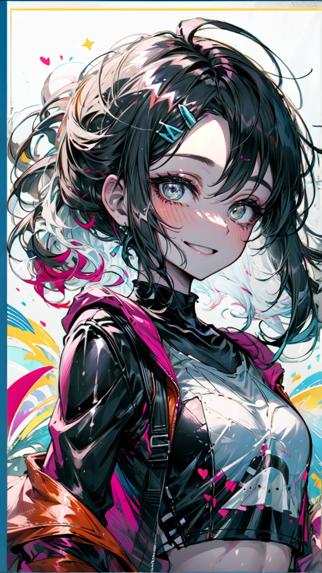 masterpiece, Highest quality, One girl, whitish eyes,center parted hair、forehead,sholder length hair、medium hair、white hair、T-Shirts,(crop top navel:0.8)、gentle smile、Very sexy、upper body,from front,