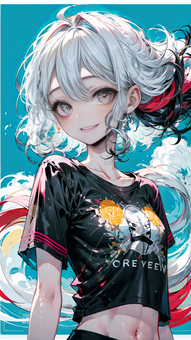 masterpiece, Highest quality, One girl, whitish eyes,center parted hair、forehead,sholder length hair、medium hair、white hair、T-Shirts,(crop top navel:0.8)、gentle smile、Very sexy、upper body,from front,
