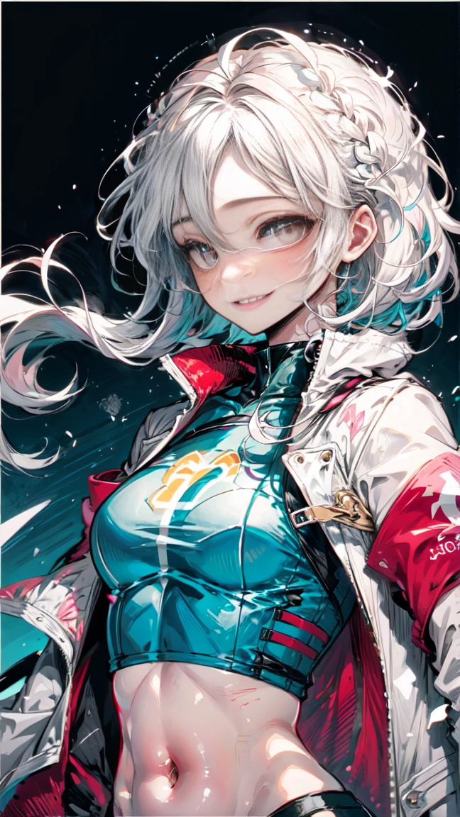 masterpiece, Highest quality, One girl, whitish eyes,center parted hair、forehead,sholder length hair、medium hair、white hair、T-Shirts,(crop top navel:0.8)、gentle smile、Very sexy、upper body,from front,