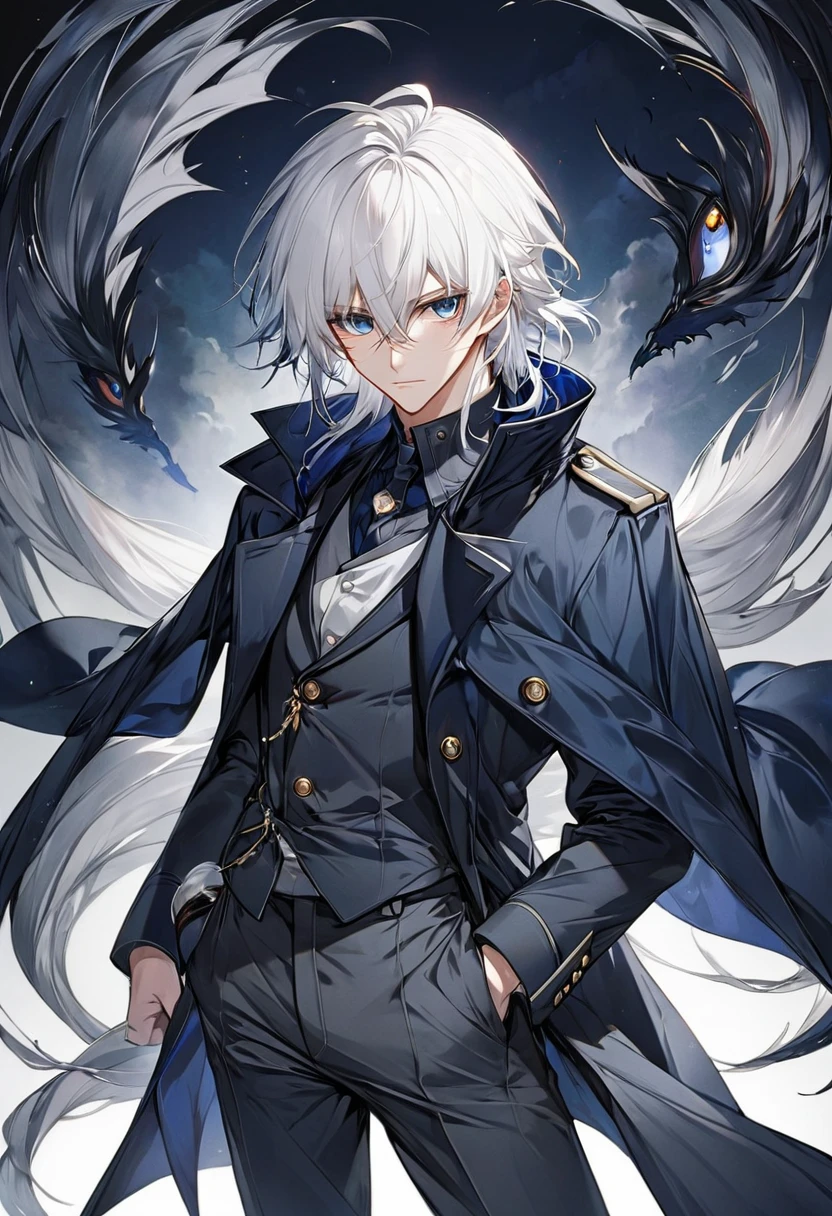 Anime, male, white hair, dark blue coat, dark grey pants, serious, highest quality, good quality face, best quality eyes