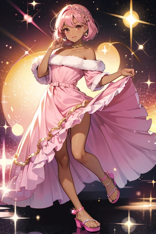 Dark skin, brown eyes and pink hair with a 60s dress and glitter sandals. SPARKLE; GLITTER