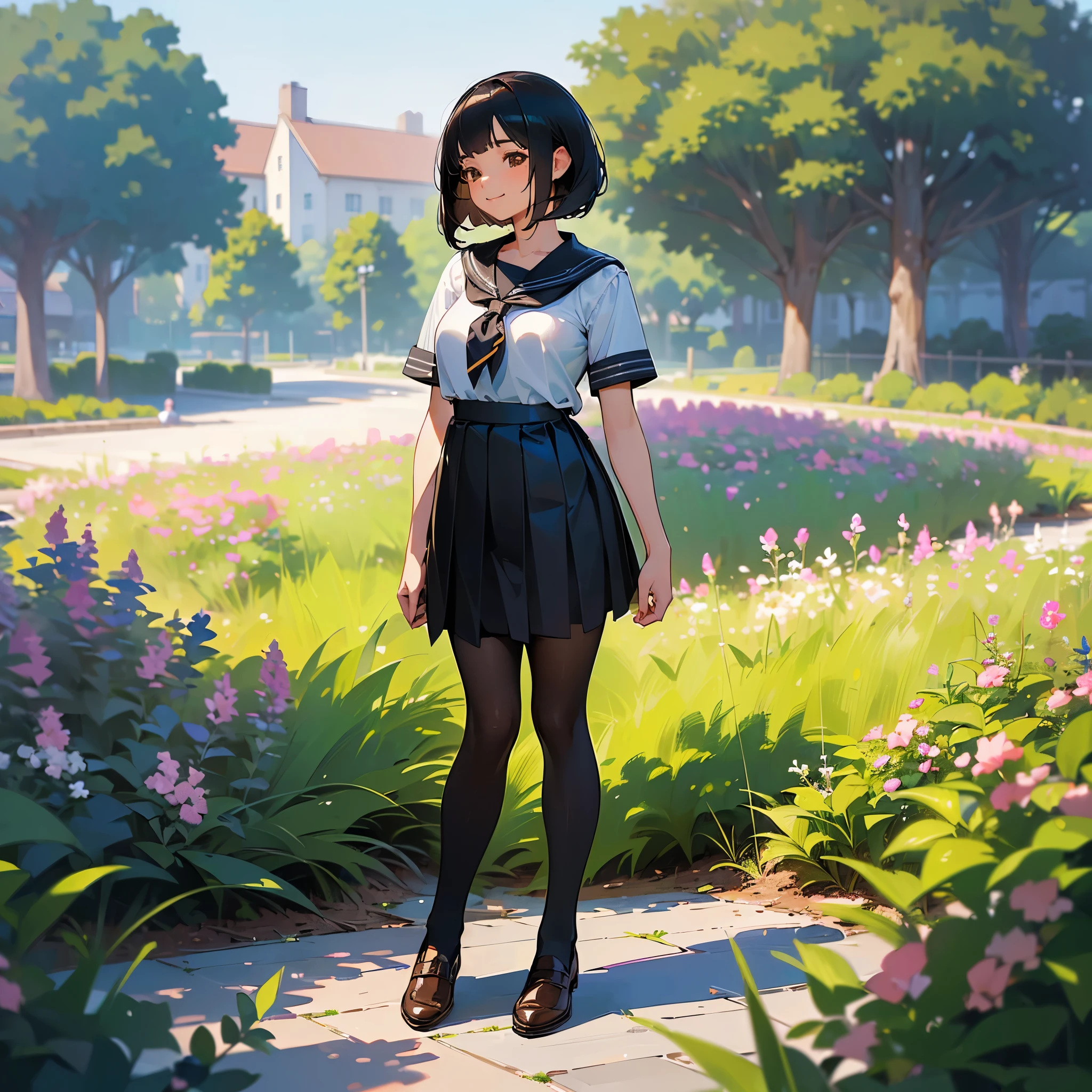 (Highest quality, High resolution, Super detailed, Realistic:1.37), Peaceful atmosphere, (Outdoor, garden), Teenage girl standing alone,(my breasts are big.),Beautifully detailed features, Cute Smile, ((Black bob hair)),Short-sleeved sailor uniform, Pleated skirt,Black tights,Brown leather shoes.
