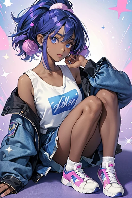 Jelly Jam is a dark-skinned girl with purple-blue hair and dark blue eyes. She wears a blue top with a blue jean jacket and a blue skirt with patches underneath. She also wears white sneakers with pink pompoms. SPARKLE; GLITTER