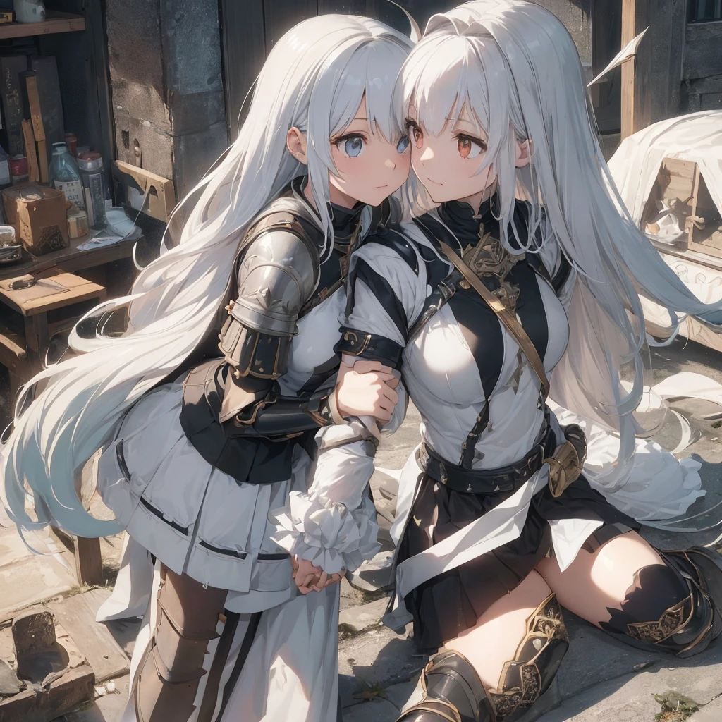 two female knightgirls in armor with swords and capes, inspired by Li Chevalier, female knightgirl, girl in armor, female protagonist 👀 :8, bravely default inspired, iron white lock, pale black armor, knightgirls of zodiac girl, glossy white armor, never loved, of a beautiful female knightgirl, female champion, high-quality character design, (((knightgirl)))