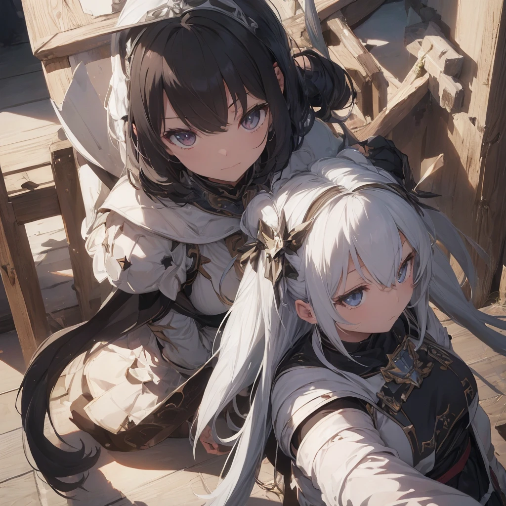 two female knightgirls in armor with swords and capes, inspired by Li Chevalier, female knightgirl, girl in armor, female protagonist 👀 :8, bravely default inspired, iron white lock, pale black armor, knightgirls of zodiac girl, glossy white armor, never loved, of a beautiful female knightgirl, female champion, high-quality character design, (((knightgirl)))