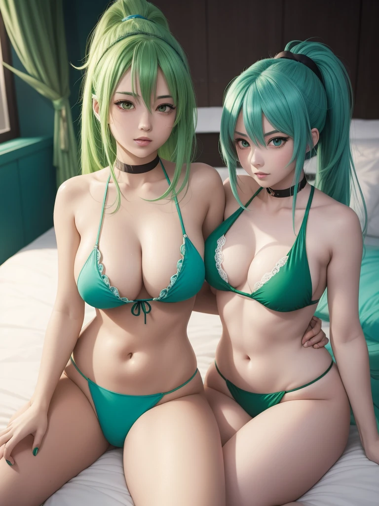 anime girl with green hair and a blue bikini sitting on a bed, a digital painting by Kentaro Miura, pixiv, shin hanga, commission for high res, jojo anime style, akali, thicc, oc commission, high quality colored sketch, high quality fanart, highly detailed exquisite fanart, cutesexyrobutts, seductive anime girl, juri misaki