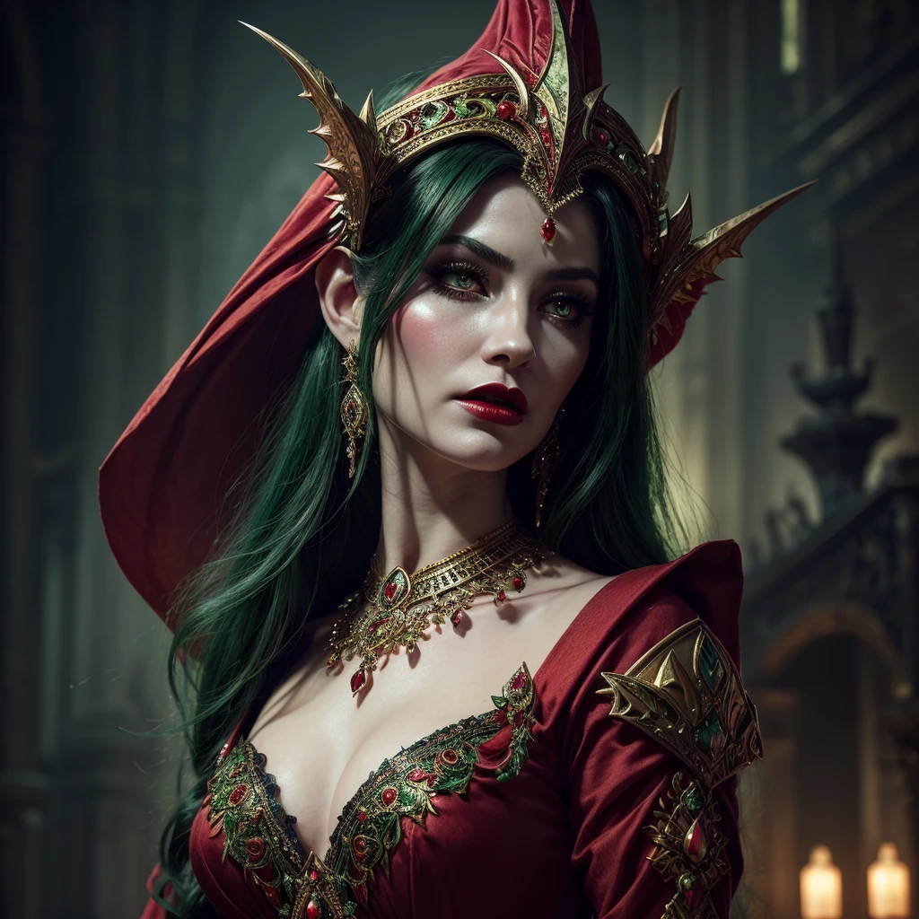 a beautiful goblin queen, extremely detailed facial features, striking green eyes, alluring red lips, long eyelashes, elegant headdress, ornate jewelry, flowing dress, dramatic lighting, fantasy art style, moody colors, cinematic composition, hyper-realistic, masterpiece, 8k, best quality