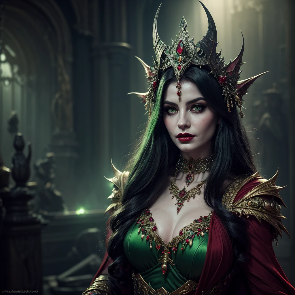 a beautiful goblin queen, extremely detailed facial features, striking green eyes, alluring red lips, long eyelashes, elegant headdress, ornate jewelry, flowing dress, dramatic lighting, fantasy art style, moody colors, cinematic composition, hyper-realistic, masterpiece, 8k, best quality