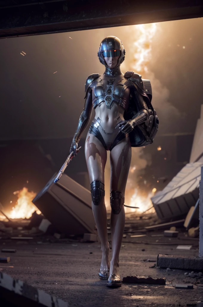 full body alien space soldier walking through rubble of destroyed houses, xenomorph space helmet, alien armed and wielding some sort of rifle, dark metallic space gear as in the movie Apocalypse Now, highly detailed skin in red ((32k)), gradation professional color, warm colors, soft shadows, no contrast, raining, sharp focus, film photography, Kodak Vision 3 500T/5219, fire background, 32k, photorealistic, backlight, style -- 4b