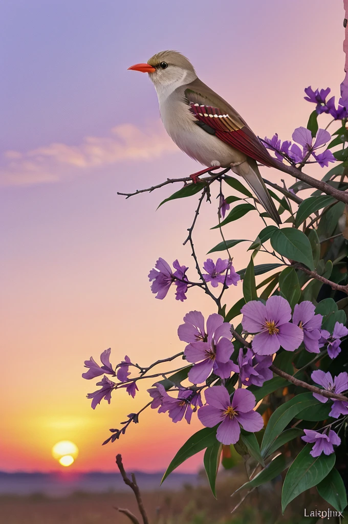 Generate a water colour painting of a Red-billed Leiothrix  sitting on a twig with purple flowers at the end and sun rising in the background at dusk