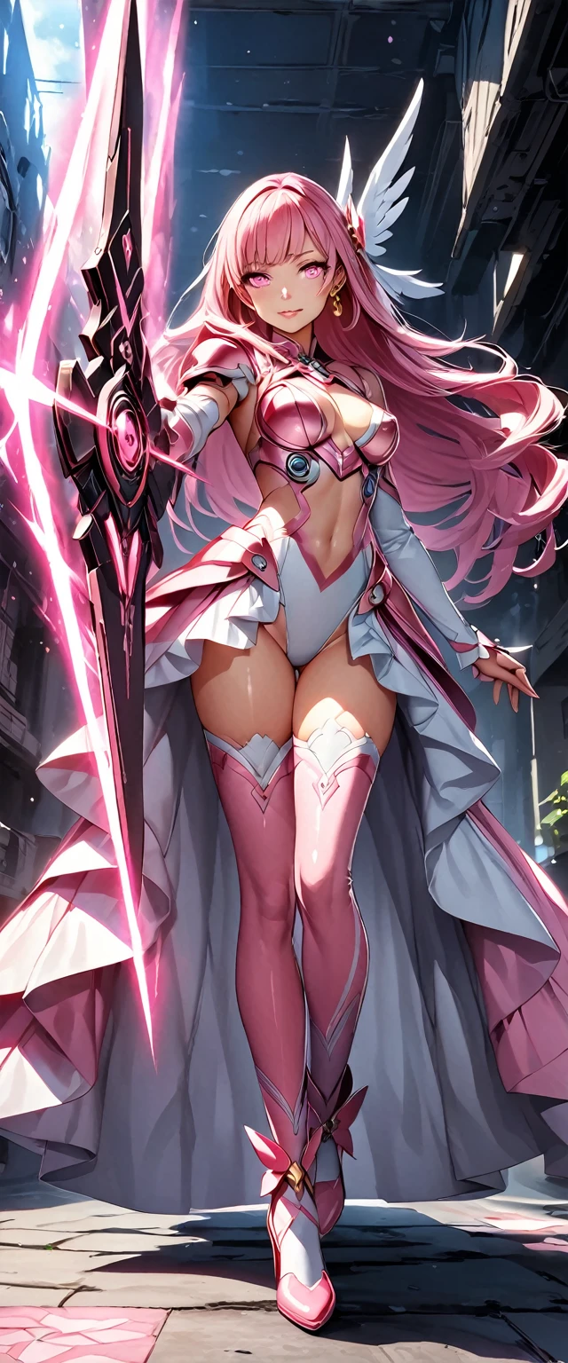 (Perfect Anatomy)、Mastepiece、Ultra High Quality、 8K、masterpiece、Highest quality、Ultra-high resolution、Maximum resolution、Very detailed、Professional Lighting、anime、woman、thin、so beautiful、Highly detailed eye、Highly detailed face、Golden earrings、Pink Hair,、Pink eyes、Mid-chest, pink lips, upper arm pink armor, white leotard, pink pattern, full body, magical girl, Angel Girl, Are standing, pink thigh high stockings, white super long boots, pink gauntlet, high heels, hime cut, bridal hair accessory, Summoning a magic sword, pigeon toed, glowing eyes, madeon, Biopunk, Creating wind with wings, Forming a magical shield, Enveloped in a magical aura