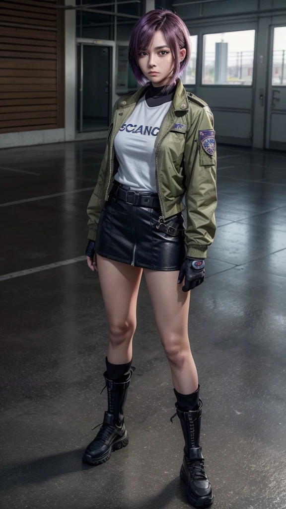 A female character, aged 31, is the head of security for a non-governmental corporation, hot-tempered, impatient, demanding and kind-hearted. Her appearance is athletic, she has brown skin, short purple hair, light military clothing and not combat clothing. pistol on the waist. full body. star ocean style.