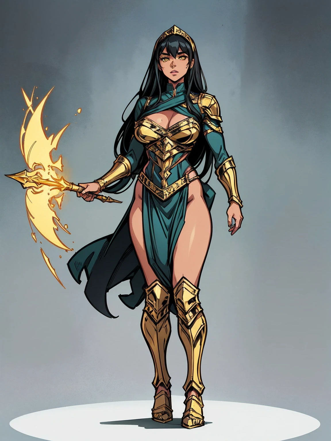 ((Full body photo,standing, feet on the ground)) Alison Tyler as a Valkyrie of Asgard, Yara_flor DC, A black-haired warrior girl with yellow eyes wearing black and gold Yara Flor armor