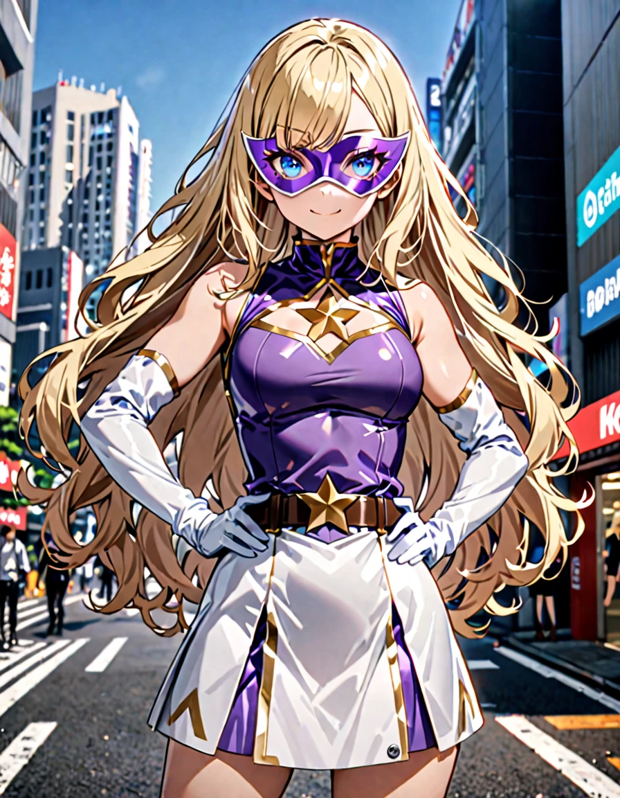 One girl, Large Breasts, (((Upper Body))),(((leotard, 白色と青色のleotard, No sleeve, White mini skirt))),(((白色と青色のleotard))), ((Tight belt, Gold Belt)), ((boots, matching boots, ankle boots, white boots)), ((gloves, white gloves)), Urban Background, tokyo Urban Background, alone, single, Hands on hips, Are standing, (((Upper Bodyショット))), Cowboy Shot, Superhero, ((Beautiful attention to detail)), (Gold star symbol on chest), (((Purple eye mask))),(((blue eyes))),(((Blonde Hair, Medium length fluffy hair, blue eyes))),(((Show your amount))),(((The forehead is visible))),(((Hanging bangs))),(smile), (Perfect Anatomy), masterpiece, (((Highest quality))),