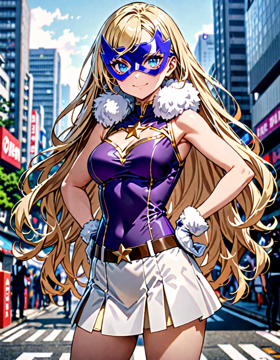 One girl, Large Breasts, (((Upper Body))),(((leotard, 白色と青色のleotard, No sleeve, White mini skirt))),(((白色と青色のleotard))), ((Tight belt, Gold Belt)), ((boots, matching boots, ankle boots, white boots)), ((gloves, white gloves)), Urban Background, tokyo Urban Background, alone, single, Hands on hips, Are standing, (((Upper Bodyショット))), Cowboy Shot, Superhero, ((Beautiful attention to detail)), (Gold star symbol on chest), (((Purple eye mask))),(((blue eyes))),(((Blonde Hair, Medium length fluffy hair, blue eyes))),(((Show your amount))),(((The forehead is visible))),(((Hanging bangs))),(smile), (Perfect Anatomy), masterpiece, (((Highest quality))),