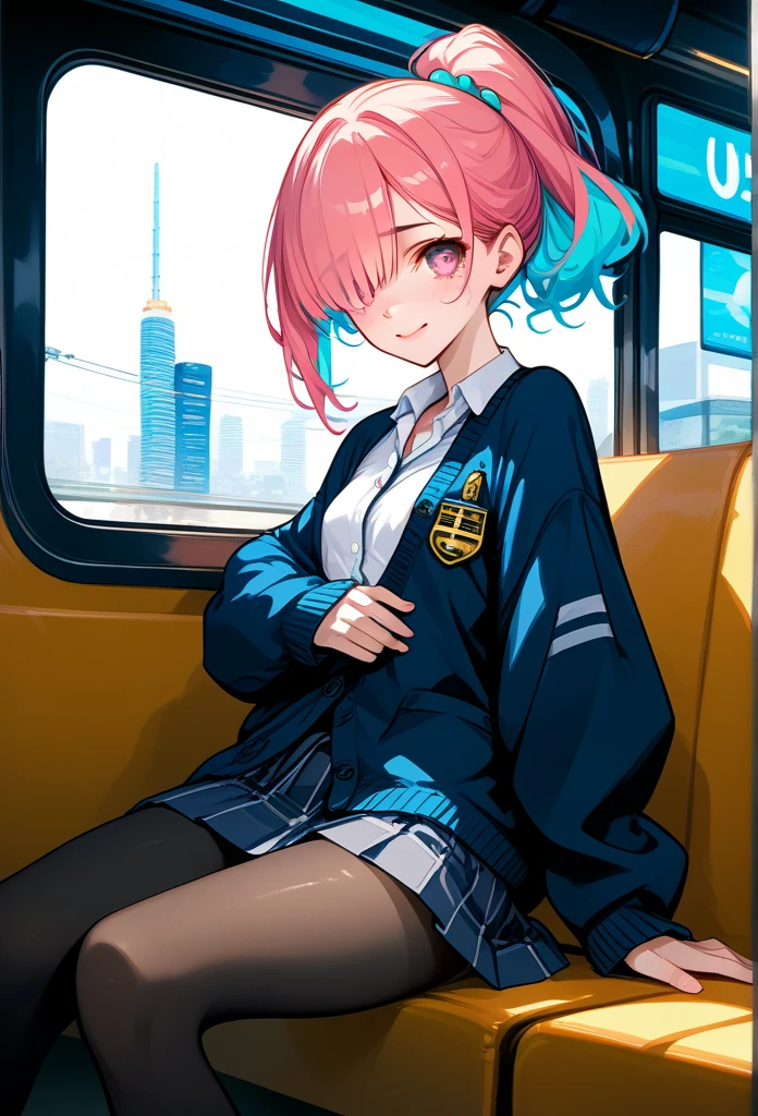 mature woman, mature face, pink eyes, shy expression, shy face, nervous smile, glossy lips, ponytail hair, (blue hair color, pink gradient hair color, azure color hair), bangs covering left eye, left blinding bangs hairstyle, mature body, small breasts, dark blue cardigan, short skirt, navy color skirt, pantyhose, sitting in train, bullet train, tokyo through windows, window seat