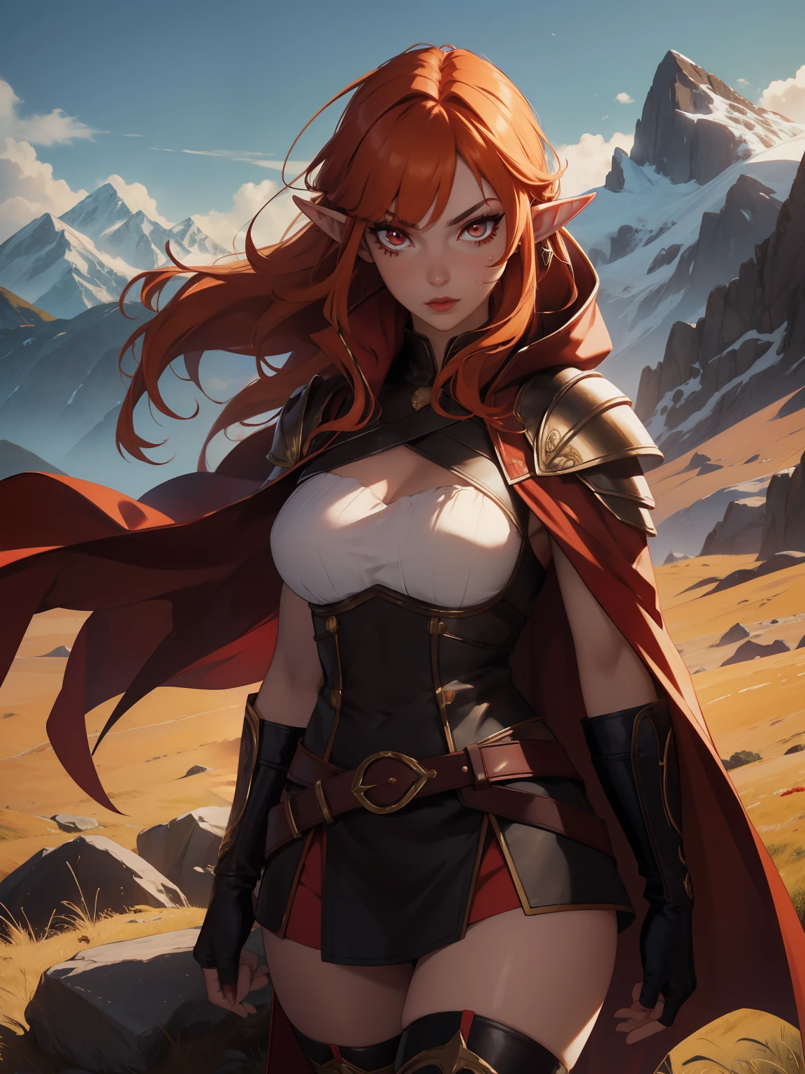 masterpiece, high quality, 1_woman, ((upper body)), (Caucasian skin_complexion:1.4),mature, looking at the viewer, black face, tall, beautiful, exotic, with long elf ears, long hair, orange hair, detailed face, having diamond shaped eyes, wearing eye patch, red eye, (dark_eyeliner), long_eyelashes medium_bust, wearing gladiator armor, red cape, long fingerless_gloves, belts, making fist, black thigh highs with embroidery, knee boots, dynamic lighting casts detailed shadows, on a grass grassy hill, mountains in the distance,