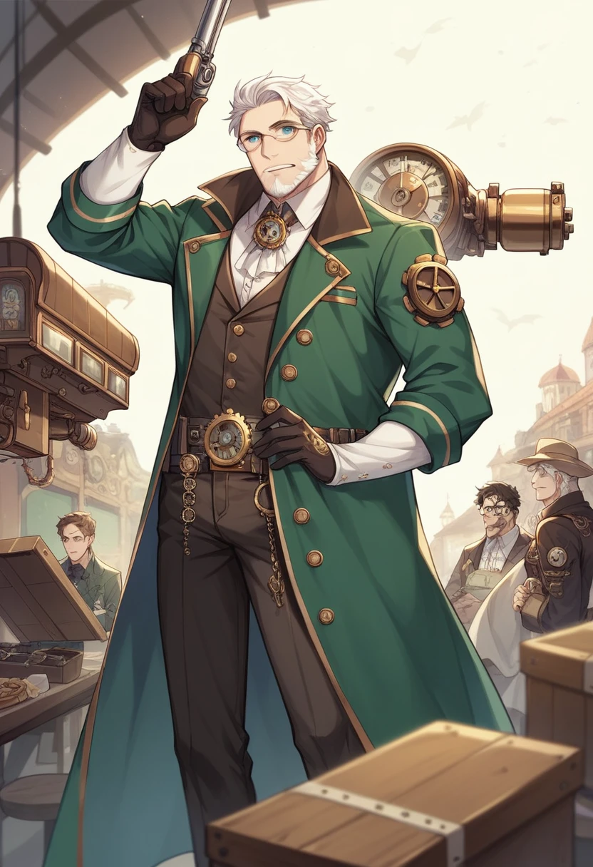 steampunk diner, he is small people, blacksmith working, male, fully body, lilac eyes, mad look, glad, white hair, big white beard, steampunk glasses, steampunk tool belt, a rifle on the back, and a revolver on his waist, wearing black clothes with silver accessories, wearing a green coat with gold details, metal forge accesses in the background, gear, boxes and miscellaneous parts scattered around