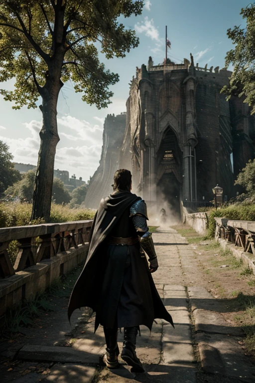 Create warrior crossing a bridge and in front he sees a giant tree, realistic art style, dark souls art style, walks with his back to me, has a black cape 