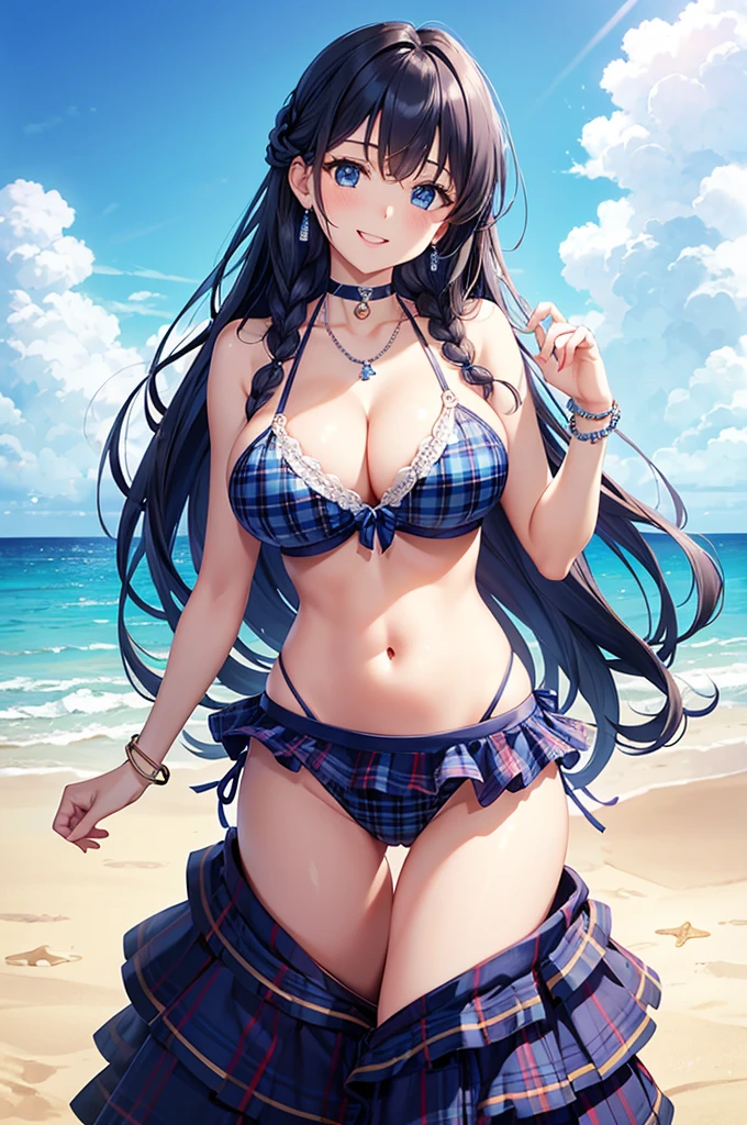 Highest quality、Highest quality、masterpiece、(8K),beauty(Age 25)、Navy blue long hair(Braiding of sides)、blue eyes、Sexy Bikini(Plaid)、Big cleavage、(Big Breasts)、smile、blue necklace、Blue Earrings、background(Beach)、Please open your mouth wide、bracelet、Arch Pose、Blue choker